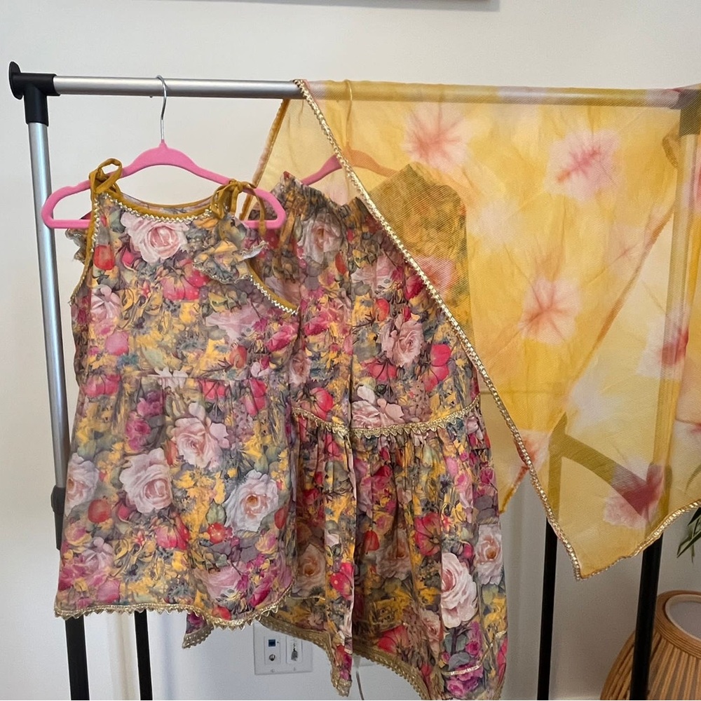 Girl’s Sharara Set with Dupatta Bollywood Handmade Floral Tie-Dye Indian Ethnic